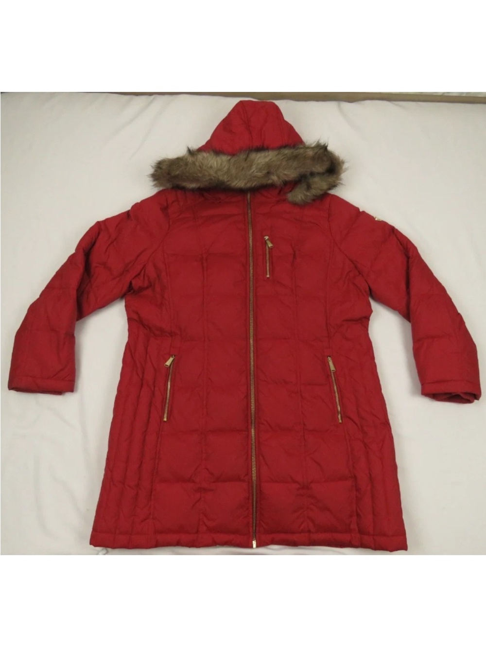 Michael Kors Down Quilted Faux Fur Hooded Red Full Zip Puffer Parka Jacket XL